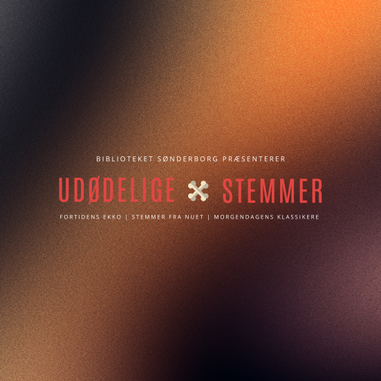 Udødelige stemmer på mørk og lys baggrund. Der er et knoglekryds mellem ordene