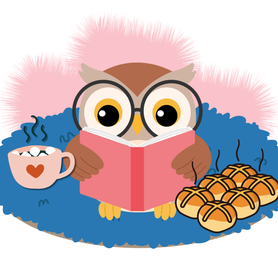 Et grafisk billede med en ugle, der sidder på et tæppe og læser bog. Ved siden af uglen er der en kop varm kakao og friskbagte boller