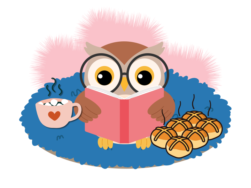 Et grafisk billede med en ugle, der sidder på et tæppe og læser bog. Ved siden af uglen er der en kop varm kakao og friskbagte boller