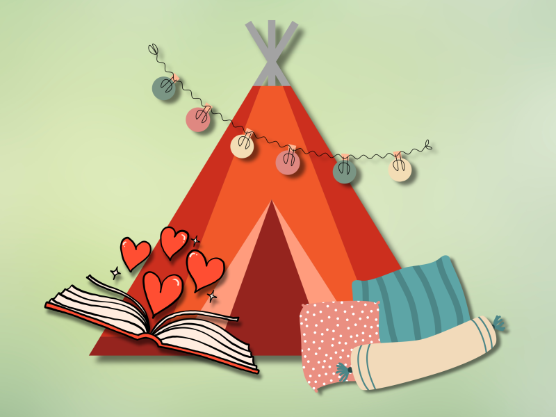 Grafisk billede af en tippi, en opslået bog med hjerter springende ud af, puder og en lyskæde.