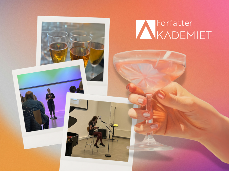 Til højre ses Forfatterakademiets logo og en hånd med et glas bobler, til venstre ses 3 polaridfotografier med bobler og oplæsninger 