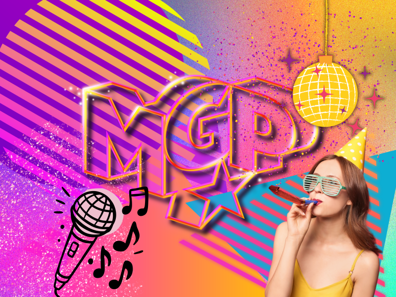 Et logo på en farverig baggrund med en indsat mikrofon, diskokugle og en pige der trutter i et truthorn.