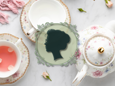 Tekopper og tekande i baggrunden og Miss Wiinholts logo i forgrunden