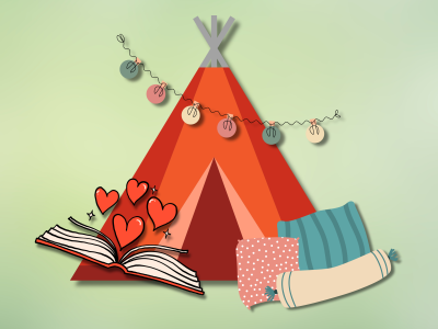 Grafisk billede af en tippi, en opslået bog med hjerter springende ud af, puder og en lyskæde.