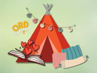 En tippi, lyskæder, puder og en åben bog. 