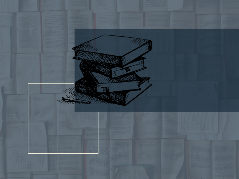 Grafisk illustration med bøger i bunker